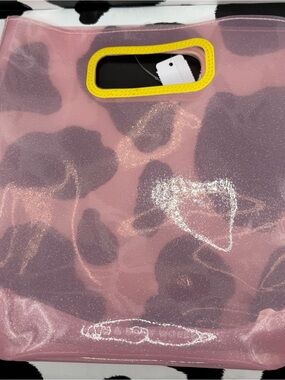BBW Clear Pink Glitter Cosmetic Bag with Yellow Trim-Great for Gifting